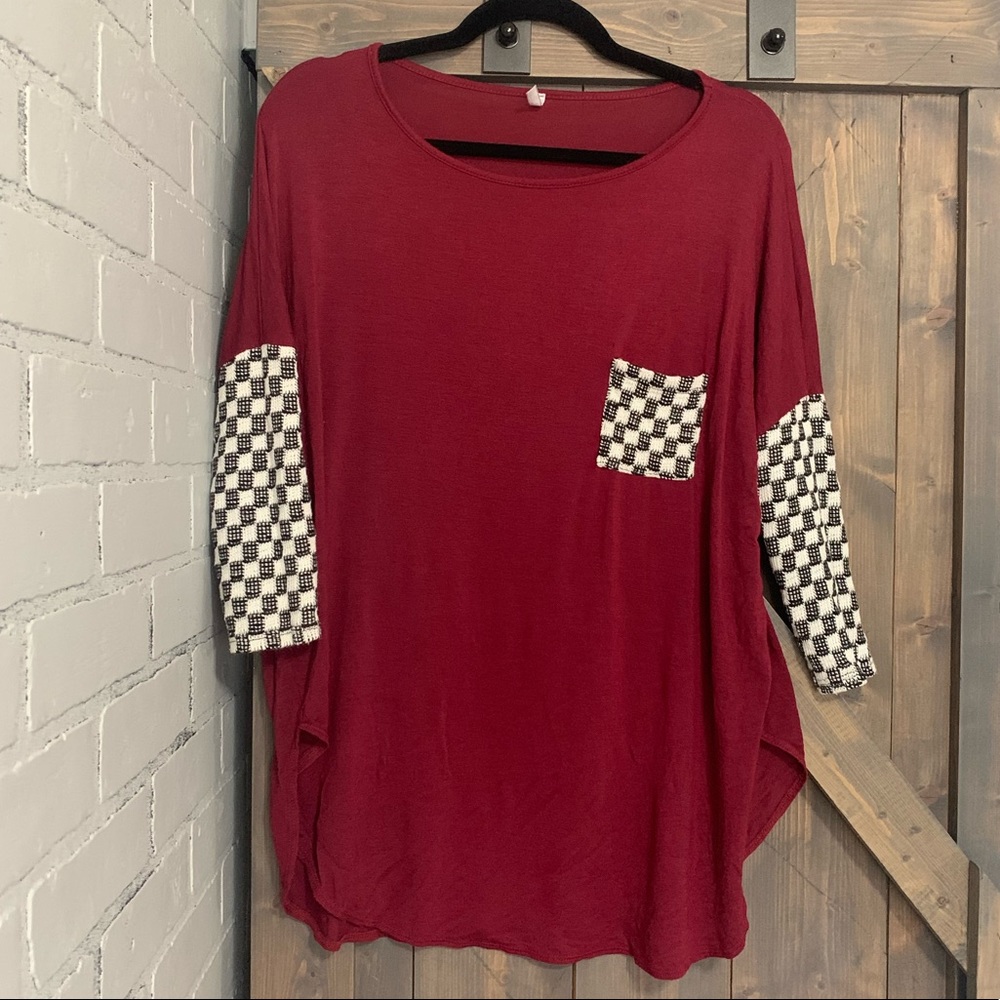 Auditions Burgundy blouse with checker accents